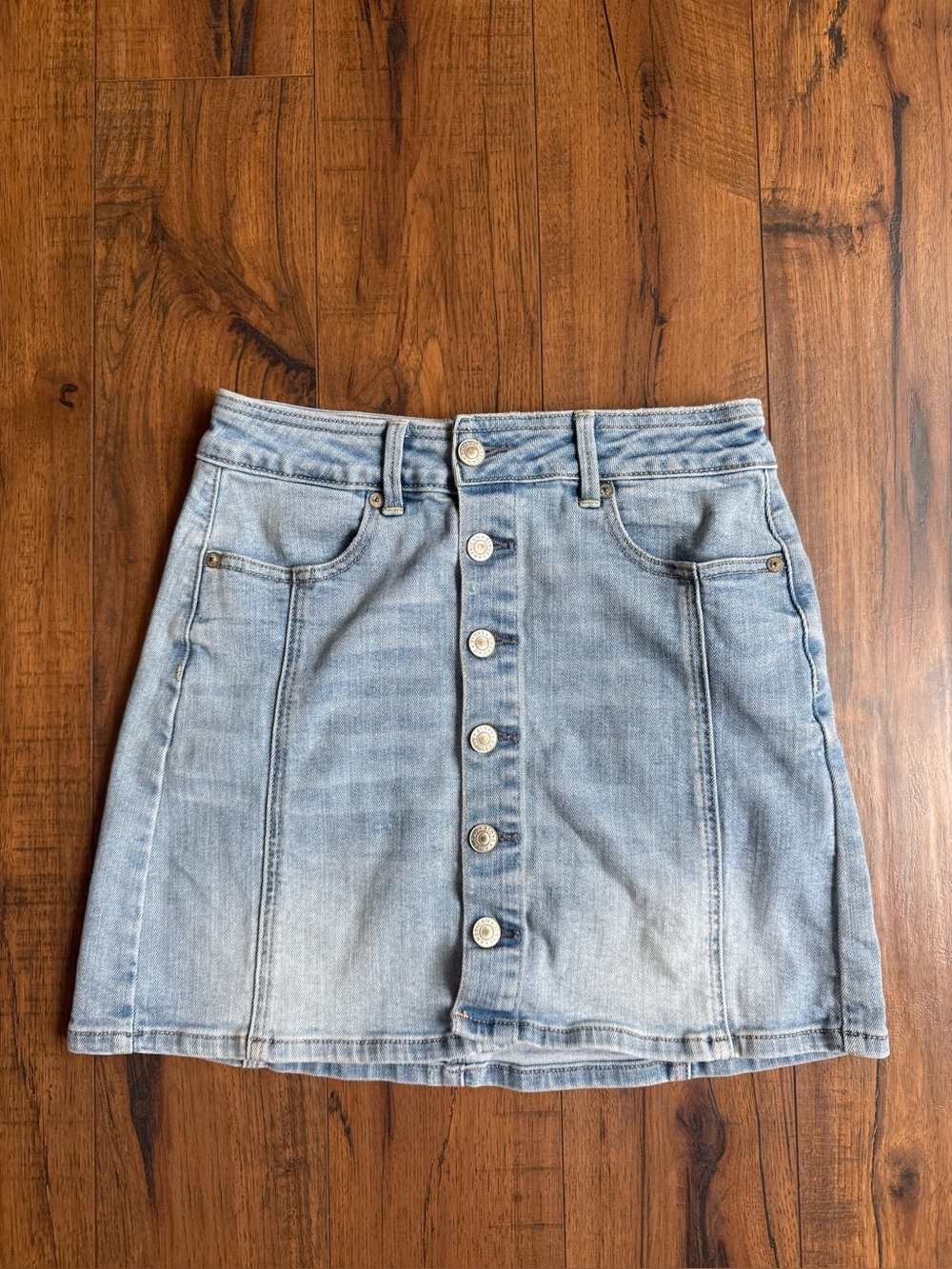 American Eagle Light Wash Denim Button-Front Denim Mini Skirt